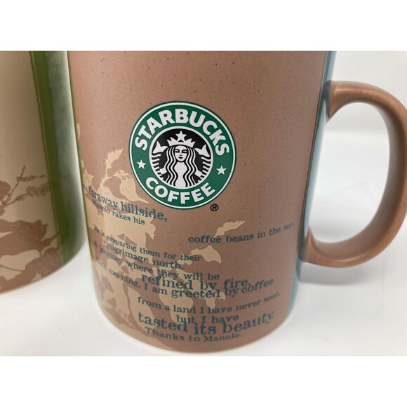 Two Starbucks Coffee Tea Mugs " Thanks to Manolo" Ceramic Mugs Brown Green 18 Oz - Picture 3 of 10